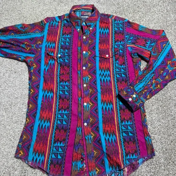 VTG Wrangler Men L 16x34 Western Brushpopper Shirt Long Sleeve Aztec Loud Cowboy - Picture 2 of 12